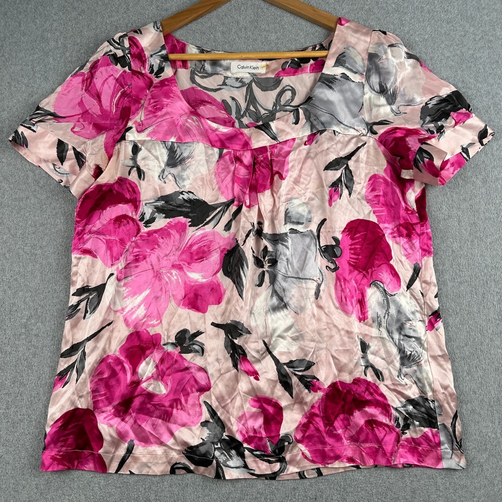 Calvin Klein Silk Blouse Womens L Pink Floral Square Neck Short Sleeve Top